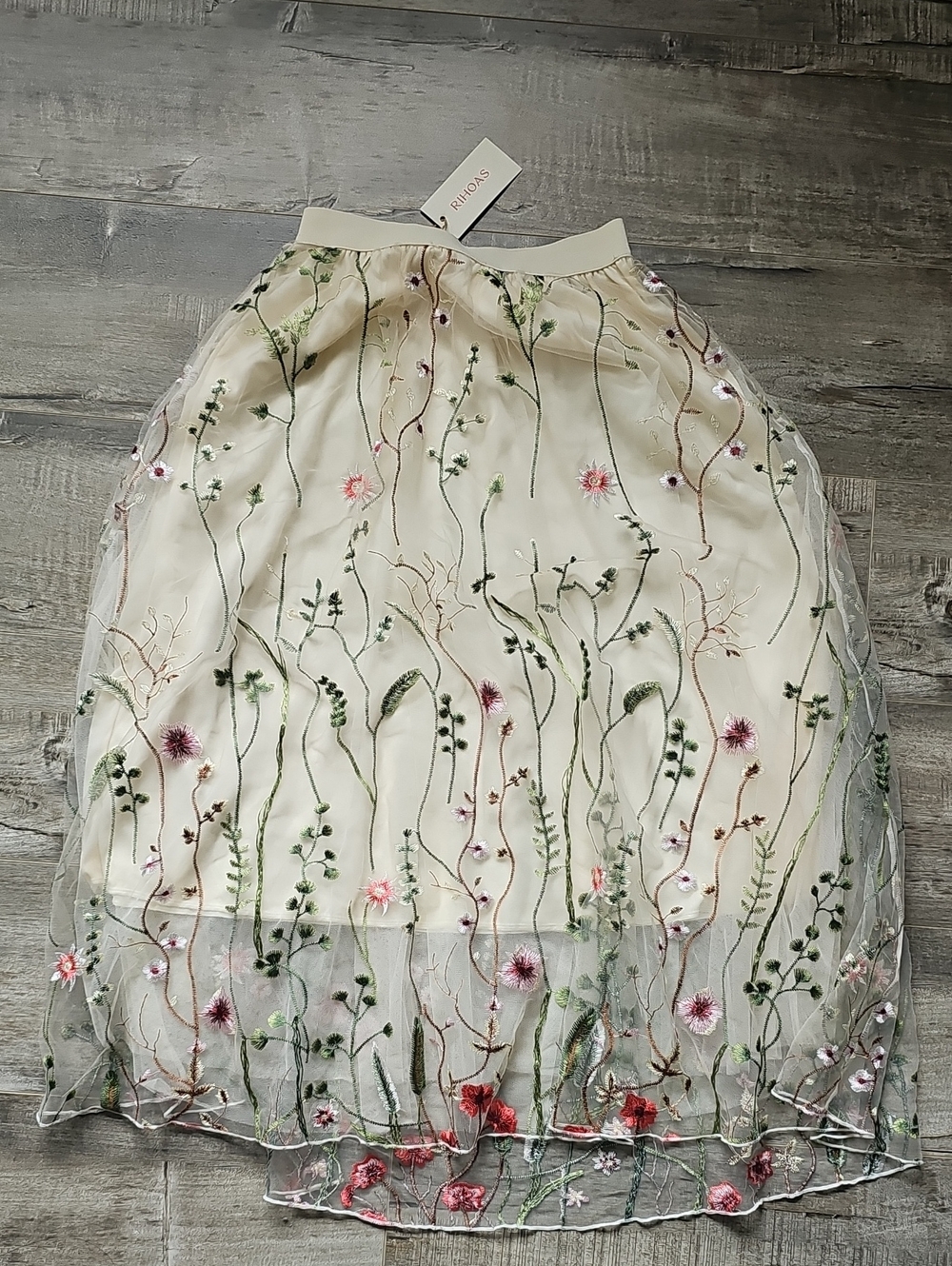RIHOAS Cream Floral Embroidered Tulle Midi Skirt One Size BNWT